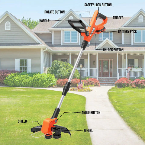 Two In One Cordless Weed Wacker and Lawn Edger with Auto Feed, 20 Volt Power shown in front of house, labels and parts visible