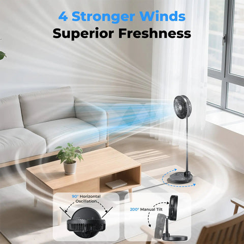 Foldable 10 Inch Oscillating Fan With 20000mAh Battery All In One Remote And Timer in modern living room, showing oscillation.