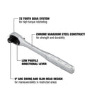Three Eighth Inch Drive Quick Release Ratchet With 72 Tooth Gear For High Torque And Slim Head For Tight Spots In The Shop SAE Automotive Tool Built For Fast Socket Swaps