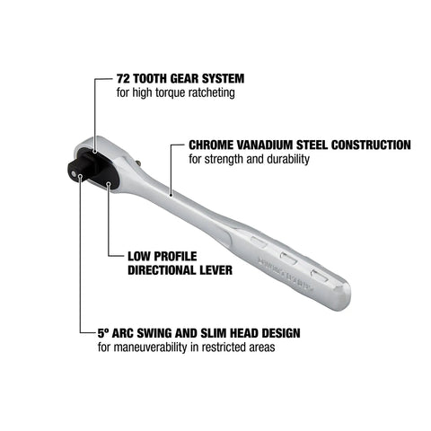 Three Eighth Inch Drive Quick Release Ratchet With 72 Tooth Gear For High Torque And Slim Head For Tight Spots In The Shop SAE Automotive Tool Built For Fast Socket Swaps