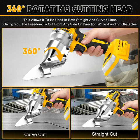 Gpaentsn 14 Gauge Sheet Metal Shears For Milwaukee M18 Brushless Cordless Tool High Torque 1600Rpm, showcasing 360° rotating cutting head.