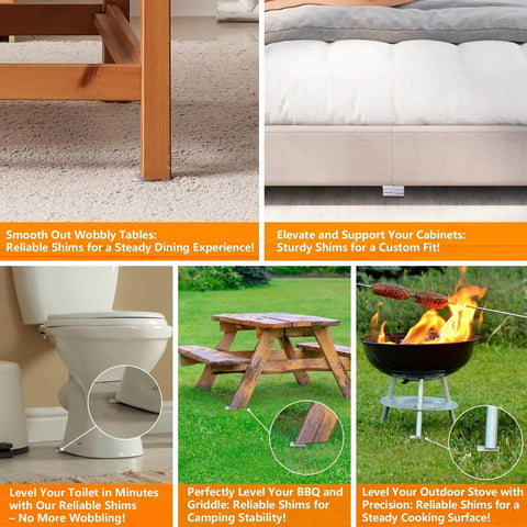 Clear Flexible Plastic Shim Kit 12pc for furniture, toilet, and outdoor leveling uses, showing different installation examples.