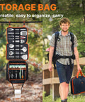 Camping Cooking Utensils Set 16 Piece Camp Kitchen Kit With Organizer Bag displayed hanging open with hiker carrying bag