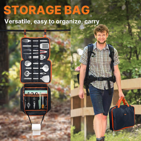 Camping Cooking Utensils Set 16 Piece Camp Kitchen Kit With Organizer Bag displayed hanging open with hiker carrying bag