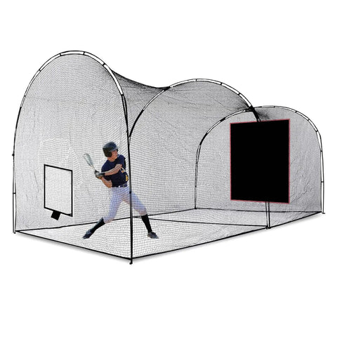Baseball Batting Cage Backstop 4x6 Ft Heavy Duty PVC Vinyl Net With Strike Zone and player practicing hitting.