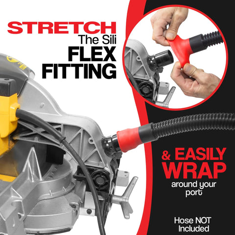 Kickass Universal Silicone Dust Collection Hose Fittings 3 Pack Adaptive Stretch Fit Vacuum Connector For Orbital Sanders Biscuit Joiners And Workshop Bench No Hassle shown connecting to a power tool.