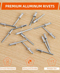Aluminum Blind Rivets 5/32 Inch Diameter By 5/16 Inch Grip Silver 100 Pieces Pop Rivets for Metal Panels and Pipes on wood table