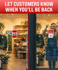 Back In A Bit Adjustable Clock Sign, Two Sided Plastic Return Sign With Twine And Suction Cup Hook displayed on glass door