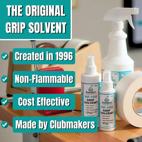 Premium Golf Grip Kit For Regripping With 15 2x10 Tape Strips and HF 100 Non Toxic Odorless Solvent bottles on a table