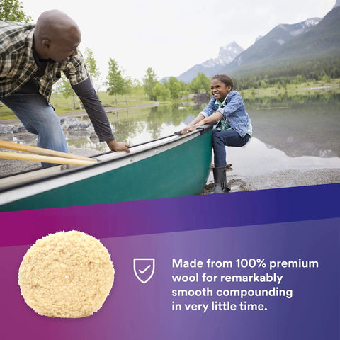 Heavy Cut 9 Inch Wool Compound Pad for Auto Paint Correction, 100% Wool, shown with outdoor scenic view background.