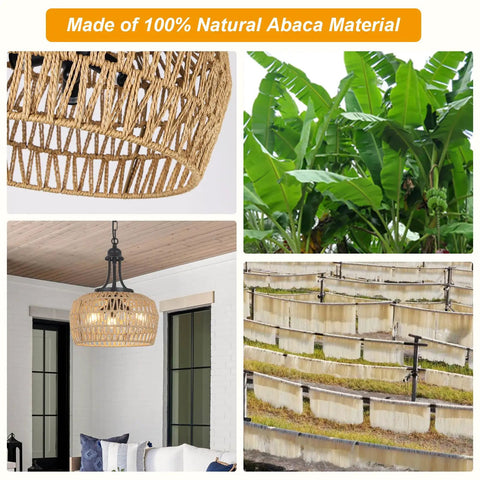 Straight Up Gorgeous Farmhouse Chandelier Featuring Three Woven Rattan Shades That Bring Total Boho Vibes To Your Dining Room Or Kitchen Island While Delivering Killer Ambient Lighting Without Any Hassle, 100% natural abaca material.