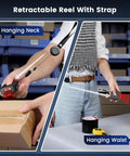 Person using hands-free wearable 2D barcode scanner ring glove for quick scan in warehouse with retractable reel and strap.