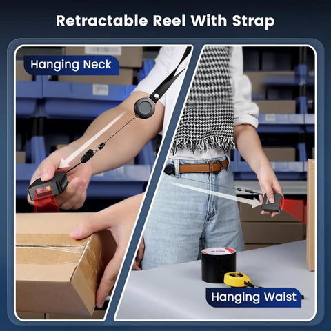 Person using hands-free wearable 2D barcode scanner ring glove for quick scan in warehouse with retractable reel and strap.