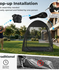Pop Up Screen Tent 6x6 Feet Black Mesh Gazebo With Peaked Roof set up in backyard, showing ease of installation process.
