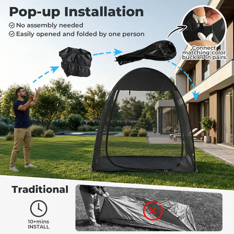 Pop Up Screen Tent 6x6 Feet Black Mesh Gazebo With Peaked Roof set up in backyard, showing ease of installation process.