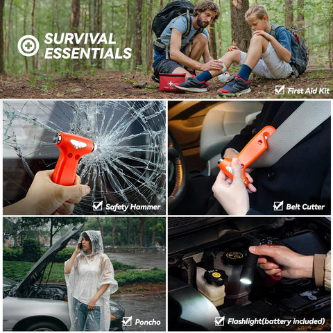Car emergency safety kit bag with orange tools; shows safety hammer, belt cutter, poncho, and flashlight.