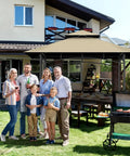 Replacement Canopy Top Only For 5X8 Outdoor BBQ Gazebo Waterproof Double Tier Shelter Cover Khaki Fits Model LGG001PSTF No Fuss Install And Weather Resistant Keeps Your Backyard Covered And Looking Sharp shown installed in a backyard with family.