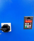 Control panel with digital display and knob on a blue surface for Shop Grade Electric Drum Rotator And Mixer Portable Steel Roller.