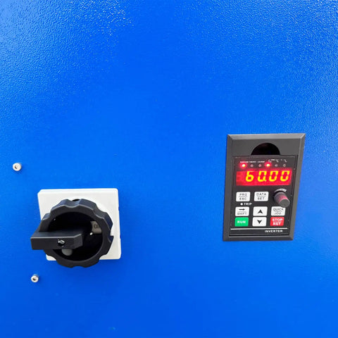 Control panel with digital display and knob on a blue surface for Shop Grade Electric Drum Rotator And Mixer Portable Steel Roller.