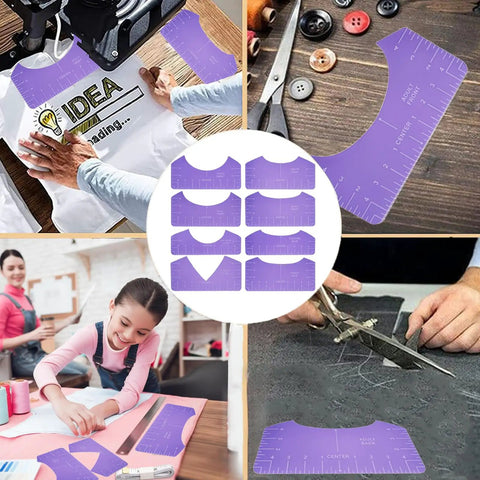 Collage of DIY tee printing with Sublimation Shirts Tool Kit, purple rulers, fabrics, and crafting tools.