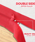 Close-up of double-sided red zipper from 4 Pack Heavy Duty Dust Protector Zippers Red Self Adhesive Instant Door Zippers 7 Feet Long 3 Inches Wide With Plastic Sheeting Cutter Accessories For Quick Clean Dust Shield In Homes And Worksites.