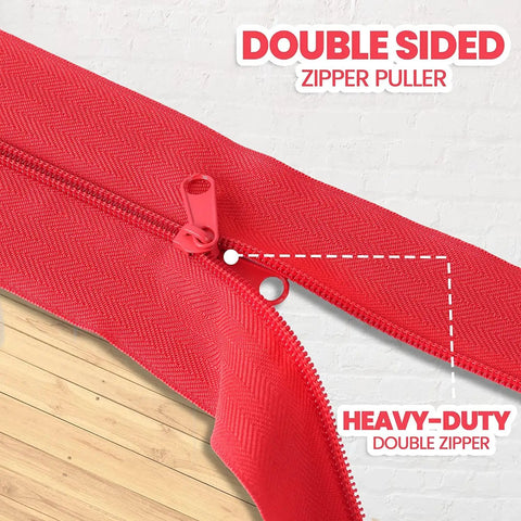 Close-up of double-sided red zipper from 4 Pack Heavy Duty Dust Protector Zippers Red Self Adhesive Instant Door Zippers 7 Feet Long 3 Inches Wide With Plastic Sheeting Cutter Accessories For Quick Clean Dust Shield In Homes And Worksites.