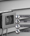 Two-Gang Weatherproof Expandable In-Use Cover For Outdoor Electrical Boxes Expands From 1 Inch To 3 Inches, attached to siding.