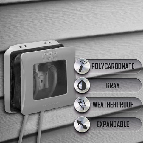 Two-Gang Weatherproof Expandable In-Use Cover For Outdoor Electrical Boxes Expands From 1 Inch To 3 Inches, attached to siding.