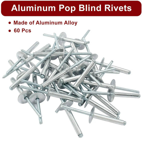 60-Piece Large Flange Aluminum Blind Rivets 3/16 Inch By 1-1/4 Inch Dome Head Pop Rivets Silver For Quick Easy Accessory Installations In Home Auto And DIY Projects seen in a pile