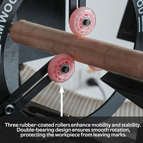 Heavy Duty Woodturning Steady Rest With Triple Rubber Rollers For 16 18 20 Inch Swing Lathes showing rubber-coated rollers in use.