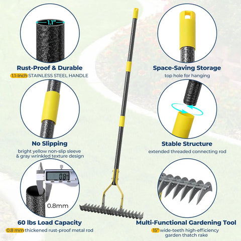70 Inch Heavy Duty Metal Dethatcher Rake With 15 Inch Wide Double Edged Sharp Tines for Lawns and Yards, features and details