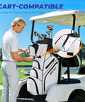 Golfer with TLock Golf Cart Bag With 14 Way Organizer Full Length Divider Top Rigid Inner Shell on a golf cart