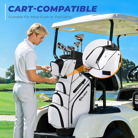 Golfer with TLock Golf Cart Bag With 14 Way Organizer Full Length Divider Top Rigid Inner Shell on a golf cart