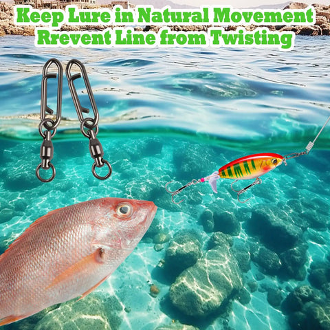 Dope Quick Change Fishing Speed Clips For Lures With Ball Bearing Swivel Power Clips Tackle Ready Topwater Gear For Saltwater And Freshwater Crankbait Popper Lures 44Lb Load And Resilient Stainless Steel, two clips in water