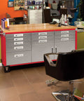 Ultra HD Heavy Duty Rolling Cabinet Workbench With Solid Wood Top 11 Drawer Mobile Workshop Table in a salon setting