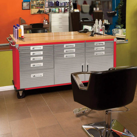 Ultra HD Heavy Duty Rolling Cabinet Workbench With Solid Wood Top 11 Drawer Mobile Workshop Table in a salon setting