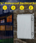 Outdoor Rugged Waterproof Electrical Junction Box IP67 Weatherproof Plastic Enclosure With Aluminum DIN Rail Mounting Plate And Wall Brackets For DIY Projects 11.4 x 7.5 x 5.5 Inch installed on wall