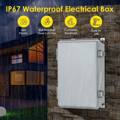 Outdoor Rugged Waterproof Electrical Junction Box IP67 Weatherproof Plastic Enclosure With Aluminum DIN Rail Mounting Plate And Wall Brackets For DIY Projects 11.4 x 7.5 x 5.5 Inch installed on wall