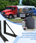 Beefy 18x18 Inch Bolted Underbody Truck Tool Box Mounting Brackets Black Steel Set Of 2 shown near a red tanker truck