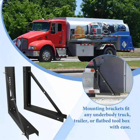 Beefy 18x18 Inch Bolted Underbody Truck Tool Box Mounting Brackets Black Steel Set Of 2 shown near a red tanker truck