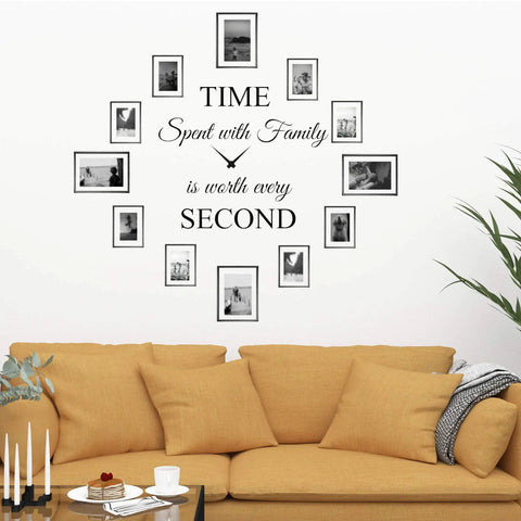 Time Spent With Family Is Worth Every Second Wall Decal Clock Quote Vinyl Wall Art DIY 22x22 Inches Matte Black Home Decor For Living Room Vibe Frames Not Included above a yellow sofa