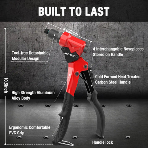 Heavy Duty Pop Rivet Gun Tool Kit With 360 Degree Swivel Head For Tight Spaces, aluminum body, interchangeable nosepieces