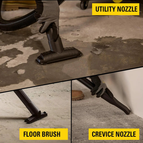 10 Gallon Wet Dry Shop Vacuum With 6 Peak HP Motor And Built In Drain showing utility nozzle, floor brush, crevice nozzle