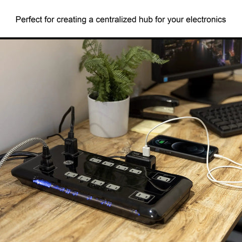 Turn One Outlet Into Twelve With Tethered USB Ports Surge Protector, 8 Ft Cord, Flat Plug, 4320 Joules, Power Filter, Circuit Breaker, UL Listed, Black
