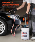 Pro Grade 9.5 Liter Fluid Extractor Pump With Pneumatic Manual Switch and Iron Clad No Drip Seal in use for oil changes on a car.