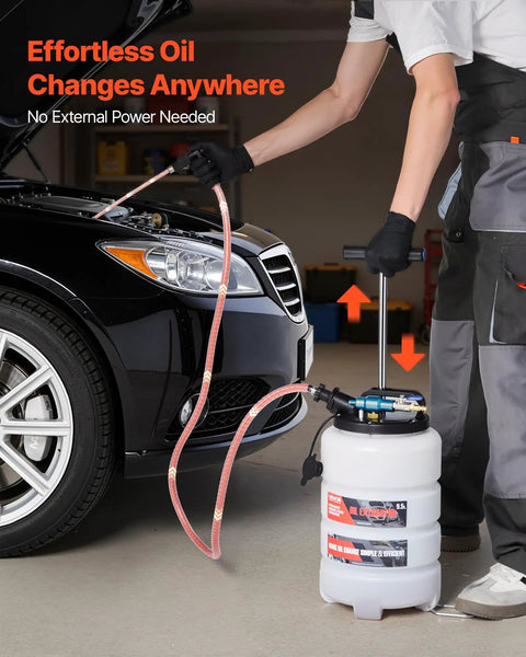 Pro Grade 9.5 Liter Fluid Extractor Pump With Pneumatic Manual Switch and Iron Clad No Drip Seal in use for oil changes on a car.