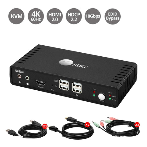 2 Port HDMI KVM Switch Swap Between Two 4K60 Monitors No Sweat Using One Shared Keyboard Mouse And Headphone Setup For Your Ultimate Home Office Or Gaming Rig with USB ports and cables.