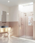 Frameless Shower Door Hinge With Enduroshield Glass Coating, Polished Brass Finish, 78 Inch By 49.25 Inch Glass Enclosure Hardware For Modern Bathrooms That Makes DIY Install A Breeze And Holds Up Daily Use. Glass shower enclosure in modern bathroom