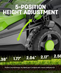 5-position height adjustment on 13 Inch Electric Lawn Mower With 1300W Corded Power Lightweight And Compact Gate Friendly