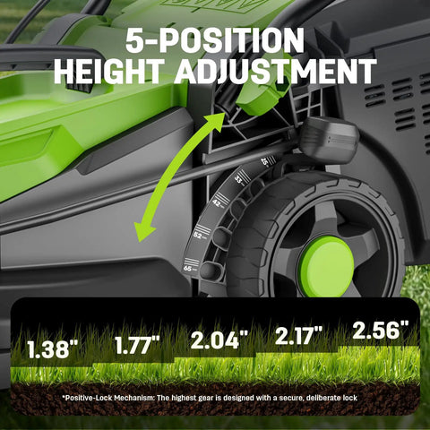 5-position height adjustment on 13 Inch Electric Lawn Mower With 1300W Corded Power Lightweight And Compact Gate Friendly